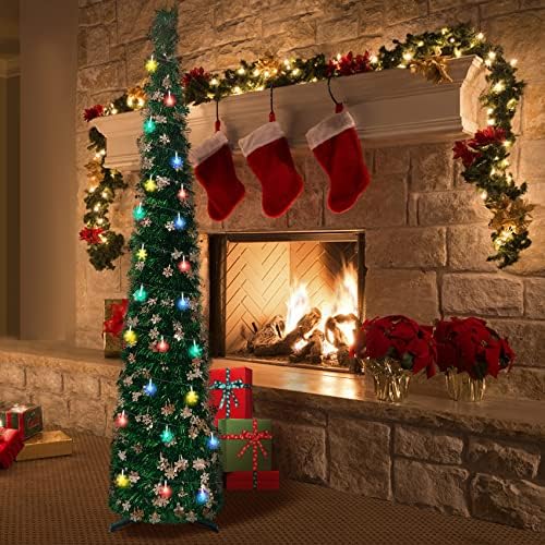 Всплывающая Коледно дърво със светлини, 5 ФУТА 50 Светодиоди, Карандашная Коледно Дърво със Сребърни пайети във формата на Снежинки, Изкуствена Зелена Сърма, Тесен К