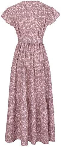 Дамско Модно Многослойно рокля Трапецовидна форма в стил Бохо с Флорални Принтом и V-образно деколте и рюшами на колана
