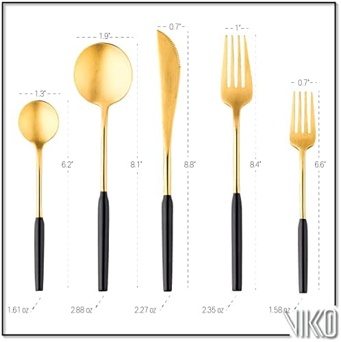 Модерен комплект прибори за хранене сребро Vikko Dine: Уникален матово черно и златни набиране - Матиран сатен - прибори за хранене от