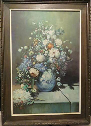 Красива картина с маслени бои на художника В. Г. Рамоса с цветя във ваза. Самото художествено платно е с размери 36 х 24 инча. С рамка, 44 инча х 31 инча. В. Г. Рамос публикув