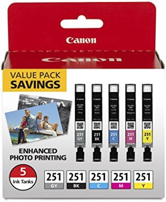 Canon CLI-251 BK/ C/ M/ Y/GY 5 Color Value Pack е Съвместим с черно мастило MG7520, MG5620, MG6620 и PGI-250XL с най-висока доходност