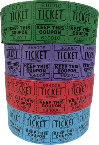 Лотарийни билети The Ticket Gurus - (4 ролка по 2000 двойни билети) Общо 8000 лотарийни билети 50/50 (син / Зелен / Червен / лилав)