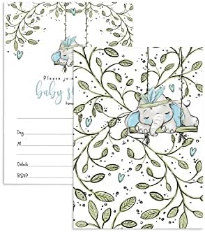 Покани за детски душ със син слон в пликове (25 опаковки) Празни покани за момчето - Тема Зеленина на Джунглата – Попълнете потребителски