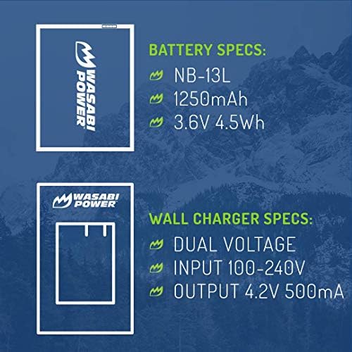 Батерия Wasabi Power NB-13L (2 комплекта) и зарядно устройство за Canon PowerShot G1 X Mark III, G5 X, G5 X Mark II, G7 X, G7 X Mark