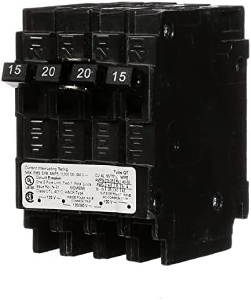 Двухполюсный автоматичен прекъсвач Siemens Q21520CT Triplex Two Outer На 15 Ампера, Единични И Един Вътрешен с 20 Ампера, Черен