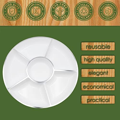 6-Секционни Кръгла Пластмасова Сервировочный тава за партита, 12 см бяла, бяла със сребърно ръб, Опаковки от 1, чинии за Многократна