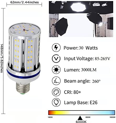 30 W E26 Led Царевичен лампа с Мощност 300 W, Еквивалент на Дневна светлина Бяло 6000 К, AC85-265V, Без регулиране на яркостта за