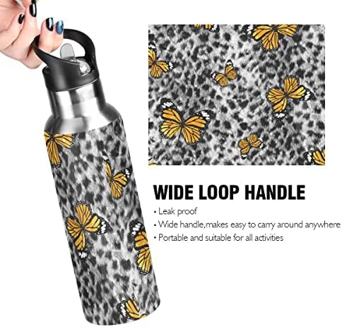 Бутилка за вода Glaphy Сив Леопард Butterfly със Сламен капак, не съдържа BPA, 32 грама, Изолирани Бутилка за Вода от Неръждаема Стомана,