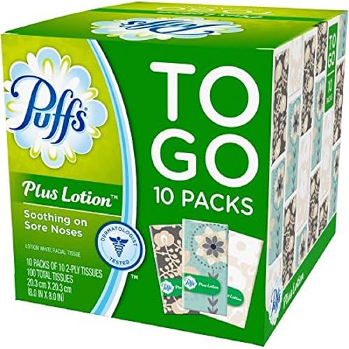 Джобни кърпички за лице Puffs Plus Лосион за пътуване, 10 кърпички в опаковка (10 опаковки в опаковка)