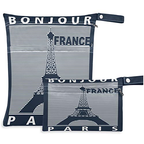 visesunny Bonjour Франция Париж, Градски Стил, 2 бр., Влажна чанта с джобове с цип, Моющаяся, Множество, Голям за пътуване, плаж, басейн,