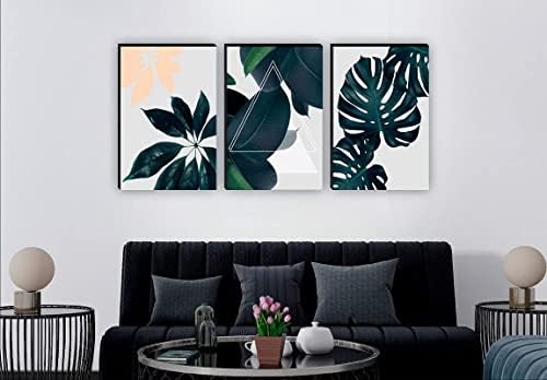 BBRATS Комплект от 3 Самозалепващи UV-текстурирани картини, изработени от МДФ, в стил на модерното изкуство със зелени листа 27 см X 12 см (Размер на всяка картина 12 inch x 9 ин?