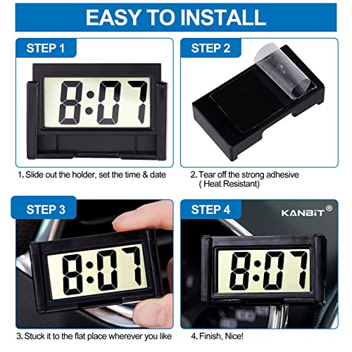 KANBIT Малки цифров часовник на арматурното табло на автомобила, захранван с батерии, голям ясен LCD дисплей за време с трайно лепило мини-пръчка на автомобилни часове ?