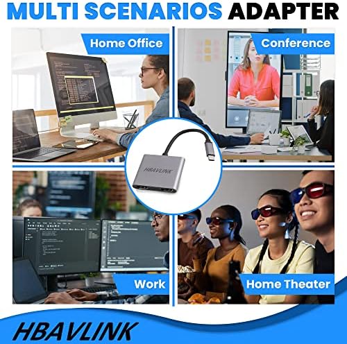 USB Адаптер C за HDMI 4K 60Hz, HDMI-сплитер за два монитора HBAVLINK с разширен дисплей, адаптер USB-C до два HDMI за лаптоп, хъб USBC MST,