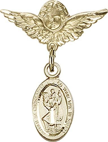 Детски икона Jewels Мания за талисман на Св. Кристофър и пин Ангел с крила | Детски иконата със златен пълнеж с талисман