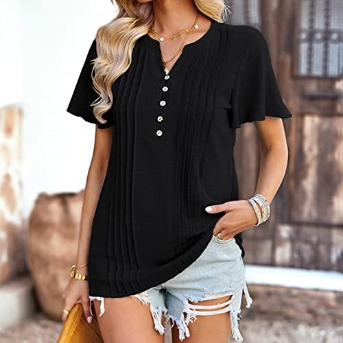 Дамски Модни Тениска С V образно деколте и рюшами копчета, Блузи С ръкави-рюшами, Блузи Свободно, Намаляване, Обикновена Ежедневни