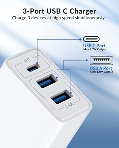 2 комплекта на стена зарядно устройство, USB с конектор USB, мощност 32 W + 3-Портов блок за бързо зареждане USB A за iPhone 14/14 Pro
