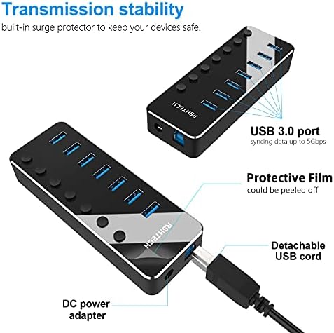 RSHTECH 7-портов USB хъб 3.0 с ac адаптер + 7 в 1 USB C-hub с пристанище, 8K HDMI, 3 usb трансфер на данни USB 3.2 със скорост 10 Gbit/s,