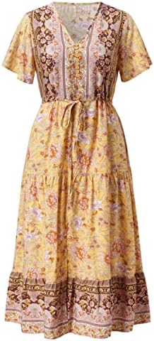 Секси дълга рокля midi в бохемски стил с флорални принтом, къс ръкав, рокли-люлка с висока талия, всекидневни сарафан с намаляване
