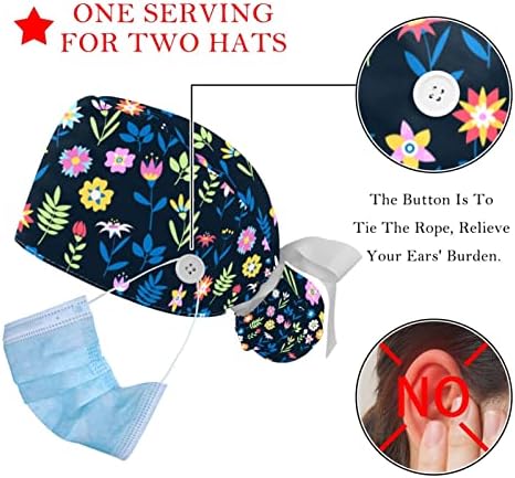 2 Опаковане на Работни шапки за еднократна употреба с Копчета, Цветни Дамски Шапки-Търкане с Начесом Ditsy Floral_Layout за