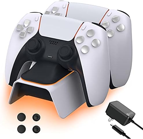 Зарядно устройство за контролер NexiGo PS5 с комплект за захващане на палеца, ac Адаптер за бързо зареждане, докинг станция Dualsense за две контролери Playstation 5 с led индикатор,