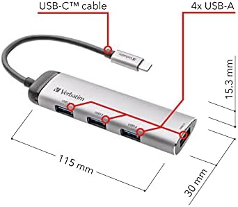 Многопортовый hub Verbatim USB-C, USB Адаптер-C От висококачествен алуминий за лаптоп, MacBook и смартфони, Жак мултимедиен адаптер с четири порта USB 3.2 Gen 1, Сребрист