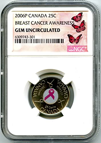 2006 P Канада Сюзън G. Komen Лек за рак На гърдата РОЗОВИ ЛЕНТИ Монета Етикет с пеперуда Четвърт Скъпоценен Камък, Без да се прибягва NGC