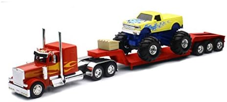 Новост-Колекция камиони и ремаркета Ray New 1:32 NEWRAY - ЧЕРВЕН Модел Peterbilt 379 LOWBOY с играчки Monster Truck, отлитыми