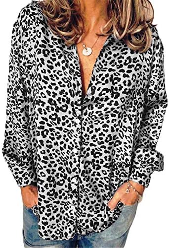 Andongnywell/ Дамски Ежедневни Блузи с V-образно деколте, Леопардовые Ризи с дълъг ръкав и Копчета, Основни Блузи, Удобни, Свободни Блузи