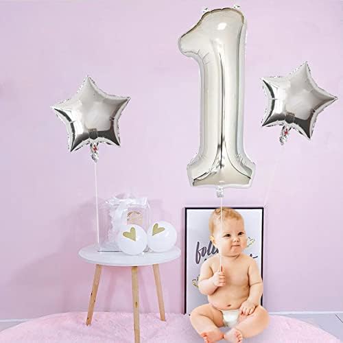 Bornsun 40-Инчови Сребърни балони Номер 1 в Първия Ден на Раждането, Сребърни балони за Първия Рожден Ден, Аксесоари за украса