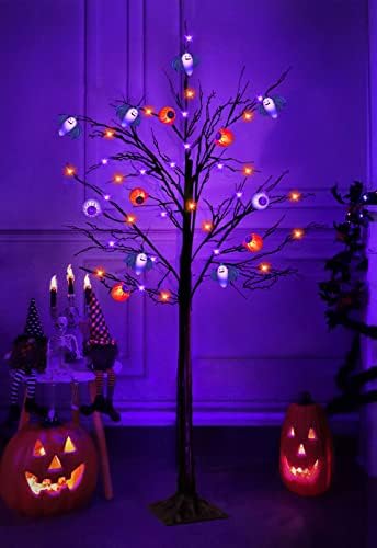 5 Фута Оранжева и лилава Елха с подсветка на Хелоуин, Интериор с Таймер, 64 led и 3D Подсветка, 8 Прилепи и 8 Очните Ябълки,