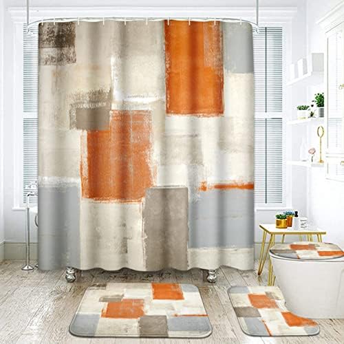 Абстрактни Оранжеви Комплекти за Баня-с душ Завеса за душ, подови изтривалки на разположение и Аксесоари, Оранжево-Кафяви и Сиви Комплекти За къпане, Модерни Завес?