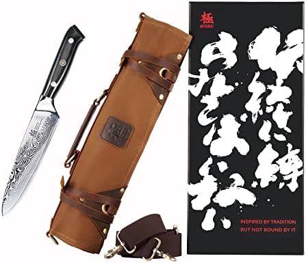 Универсален Нож на главния готвач серия от KYOKU Shogun + Професионална Кафява Чанта за Хвърляне на нож на главния готвач