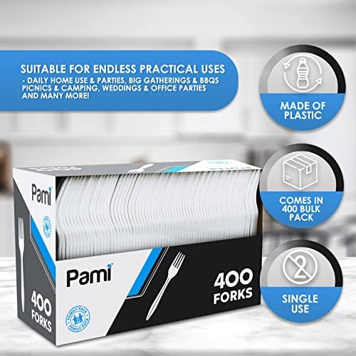 За еднократна употреба пластмасови вилици PAMI средно тегло [400 броя в опаковка] - сребърни от бяла пластмаса на Едро за партита, сватби, павилиони за обществено хране?