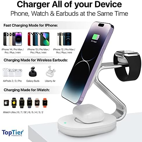 Безжична зарядно устройство TopTier 3 в 1 Magsafe, Метален дизайн За iPhone на Apple Watch Airpods, Съвместима с Magsafe (Бяла)