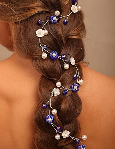 Teyglen дамски сватбена превръзка на главата с цветя и перли, украсена с кристали, лоза за коса, перли, ръчно изработени