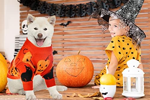 CooShou Пуловер за Хелоуин Костюм за Кучета, Трикотаж с Тиква за Котки, Костюм с Изображение на Коте под формата на Тиква, Пуловер