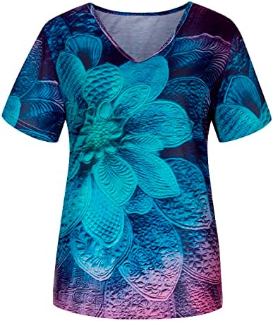 Блуза с V Образно деколте, Риза за Жени, Лято-Есен 2023, Модни Памучен Тениска Свободно Намаляване с Къс Ръкав и Цветен Модел, 5C
