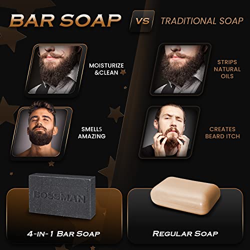Мъжки Барово сапун Bossman 4 в 1 – Натурално Органично средство за измиване на брадата, Шампоан, Препарат за измиване на тялото, за бръснене и Сапун за баня - Необходимит
