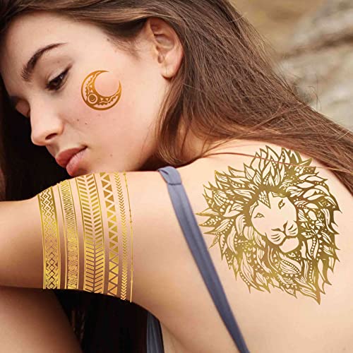 Bilizar 9 Листа 110 + Дизайн на Флаш-Златни Временни Татуировки Металик За Възрастни Жени, Момичета Фестивал Златен Лъв Слънце, Луна