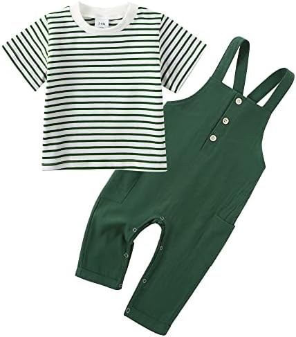 ZOEREA/ Облекло за малки момчета, 2 броя, Раирана Тениска с къс ръкав за Малки Момчета + Гащеризон, Комплект с Штанами, Дрехи за