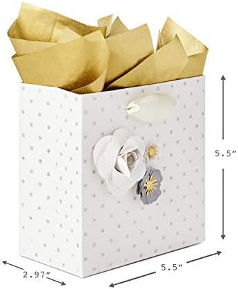 Малък подарък пакет Hallmark Signature 5 инча от цигарена хартия (Хартиени цветя; Сив, Бял, златен) за Сватби, Ден на майката,