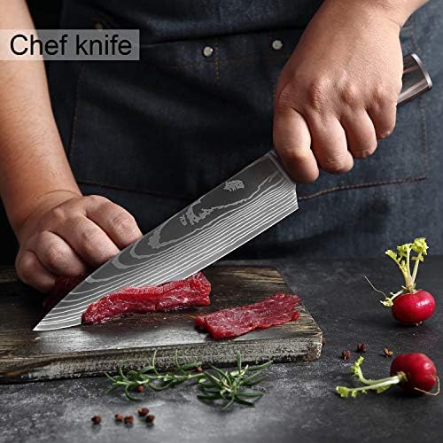 Комплект кухненски нож на главния готвач XITUO, 8 предмети, Ножове от Високо Неръждаема Стомана с дървена дръжка, Ультраострый Кухненски