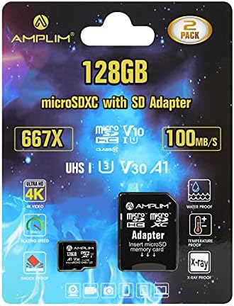 Карта Amplim Micro SD, 128 GB памет Плюс microSD адаптер, microSDXC SDXC U3 Class 10 V30 UHS-I TF с екстремна скорост, Nintendo-Switch, Go Pro Hero, Surface, Телефон Galaxy, Камера за Видеонаблюдение, Таблет