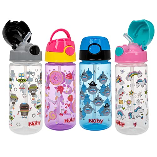 Детска бутилка за вода Nuby с принтом Flip-it Active 2 опаковка, с капачка на бутона и мека соломинкой - 18 грама / 540 мл от 18 месеца, 2 опаковки, щампи могат да се различават