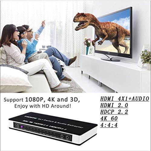 Комутатор 4K HDMI2.0, 4-Портов HDMI 2.0 4x1 с Инфрачервено дистанционно управление @ 60Hz HDCP 2.2 ARC 3D HDMI Switcher + Оптичен аудиовыделитель Toslink L/R, за PS4, Xbox One, Blu-ray DVD