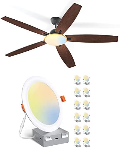 Комплект за домашно осветление Amico: 52-инчови 5-lobed интелигентна вентилатори с подсветка (1 опаковка) + 6-инчов 3CCT ултратънък led-вградени тавана лампа с разпределителна?