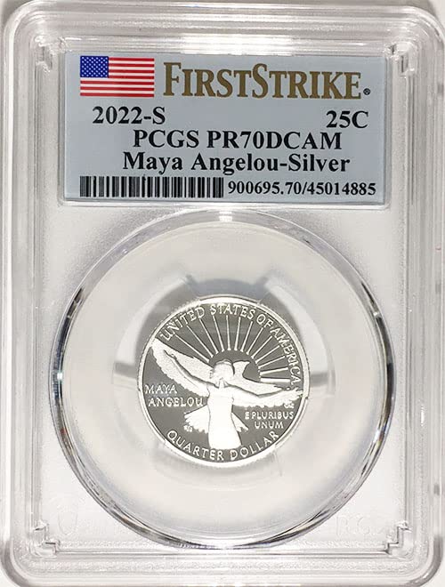Носителка на сребърен медал от 2022 Г. Американската дамски Четвърт Мая Angelou Четвърт PR 70 DCAM First Strike Label PCGS