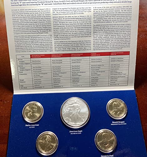W Монетен двор на САЩ 6-Монетен Годишен Набор от монети в долари, без да се прибягва Сатенени долара и Лъскава сребърна орел за 1 долар, Без да се прибягва (BU).