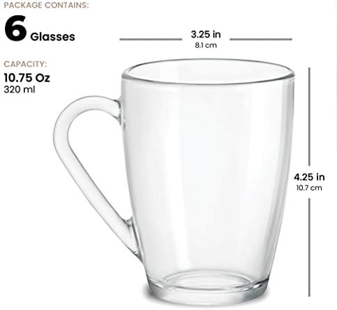 Комплект стъклени чаши кафе на Bormioli Rocco, (6 опаковки), със Средно тегло 10½ Унция, с удобна дръжка, Чаени Чаши за топли / Студени напитки,