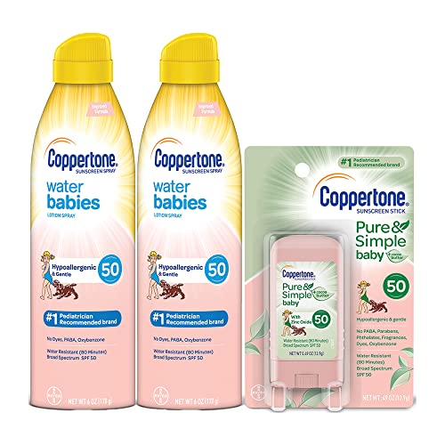 Лосион-спрей Coppertone WaterBabies SPF 50 + Multipocket Pure & Simple Baby Mineral SPF 50 Stick (6 унции на спрей, опаковки